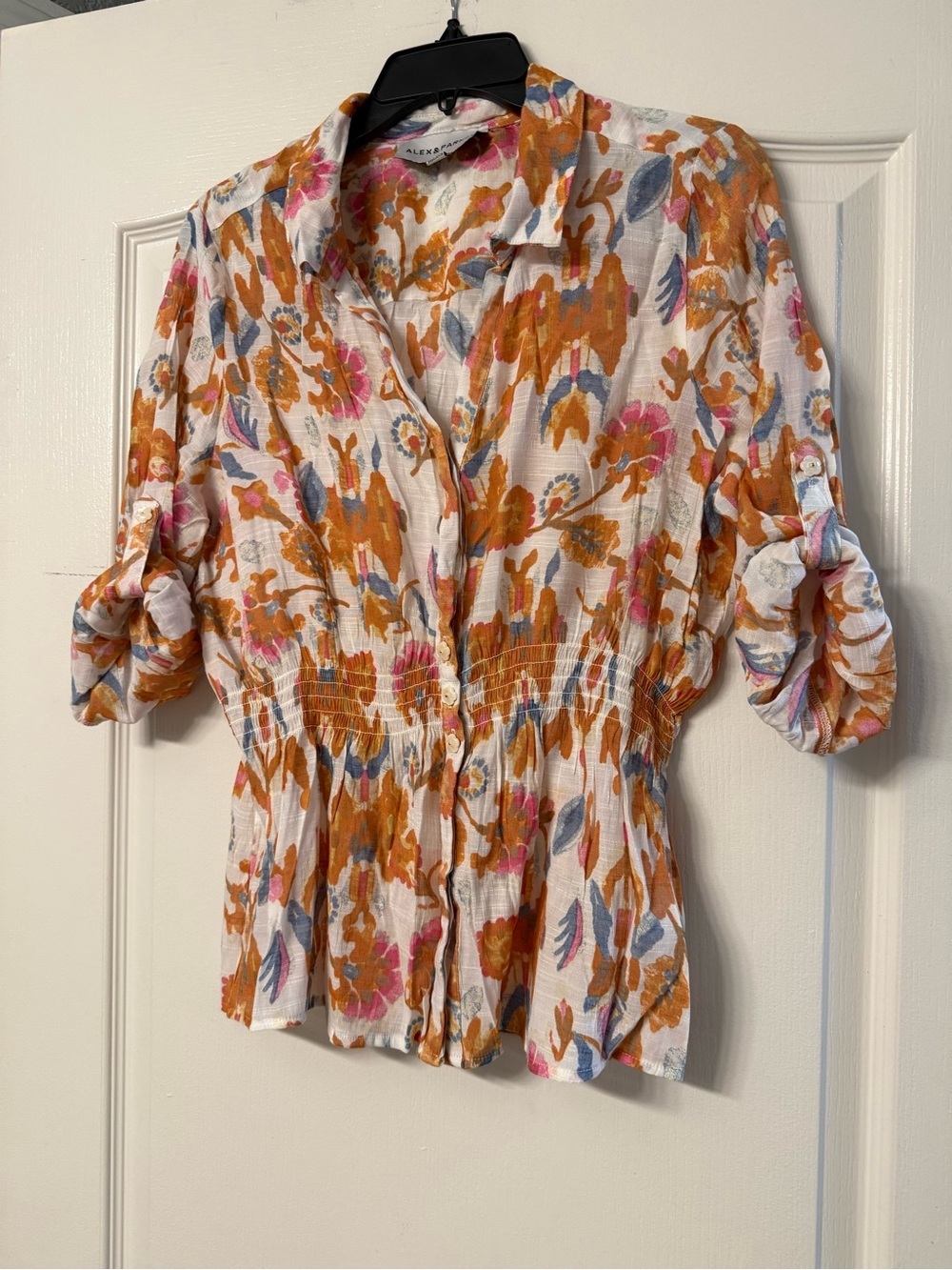 Alex & Parker Petite XL Floral Smocked Waist Button Front Roll Tab Blouse - Picture 2 of 8